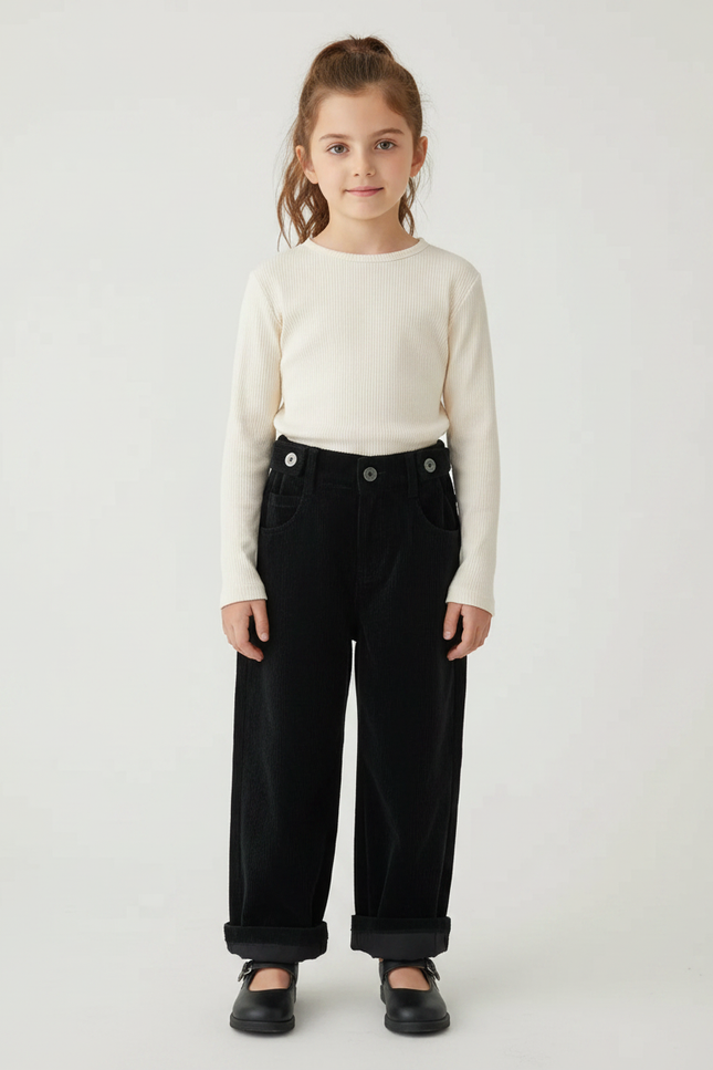 Pantalon Velours Fille Noir Large Cotelé - Cordé