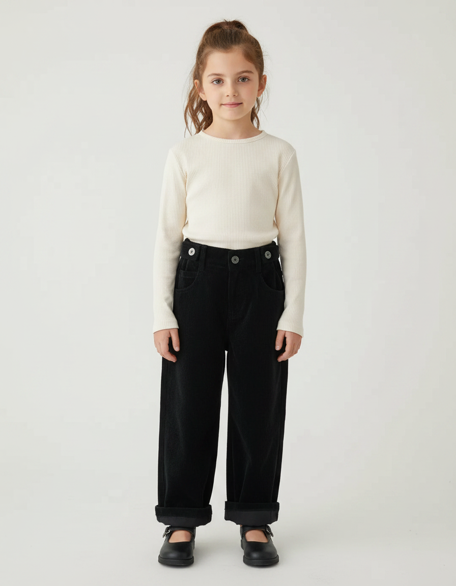 Pantalon Velours Fille Noir Large Cotelé - Cordé
