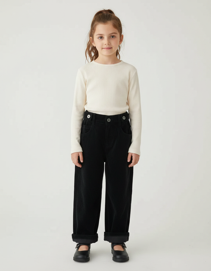 Pantalon Velours Fille Noir Large Cotelé - Cordé