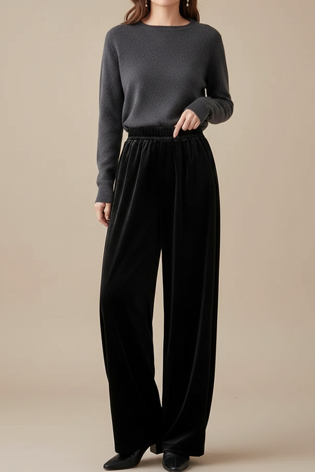 Pantalon Velours Noir Large Fluide Confortable Femme
