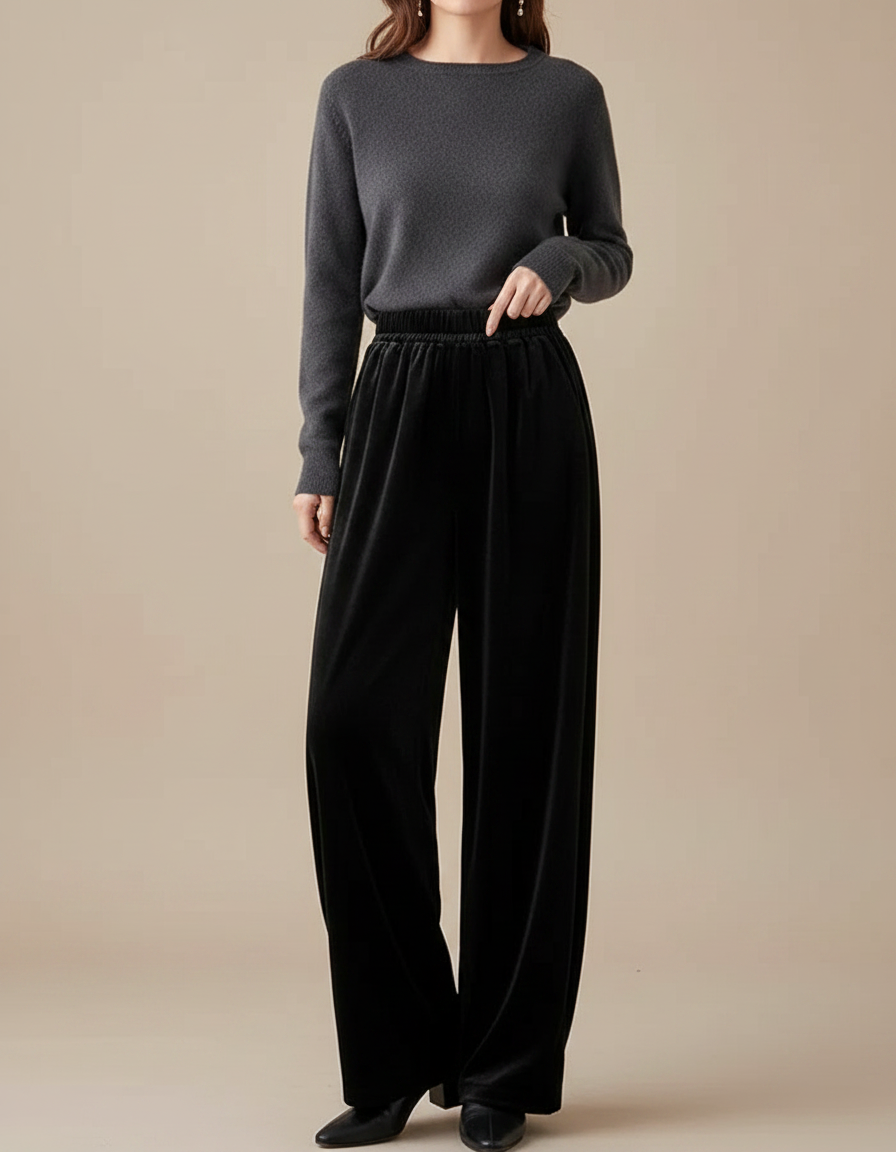Pantalon Velours Noir Large Fluide Confortable Femme