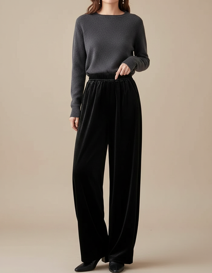 Pantalon Velours Noir Large Fluide Confortable Femme