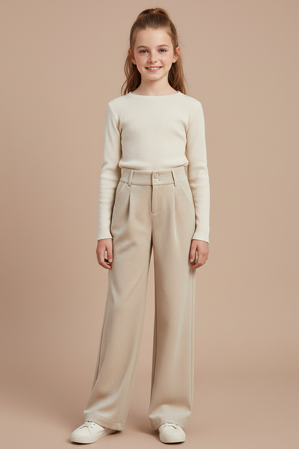 Pantalon Velours Beige Ample Droit Taille Haute Fille