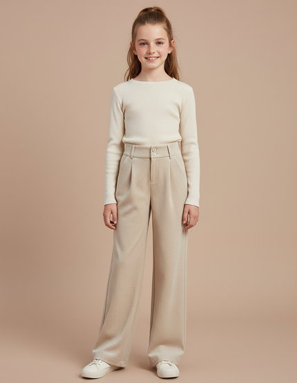 Pantalon Velours Beige Ample Droit Taille Haute Fille