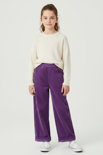 Pantalon Velours Violet Côtelé Ample Décontracté Fille - Cordé