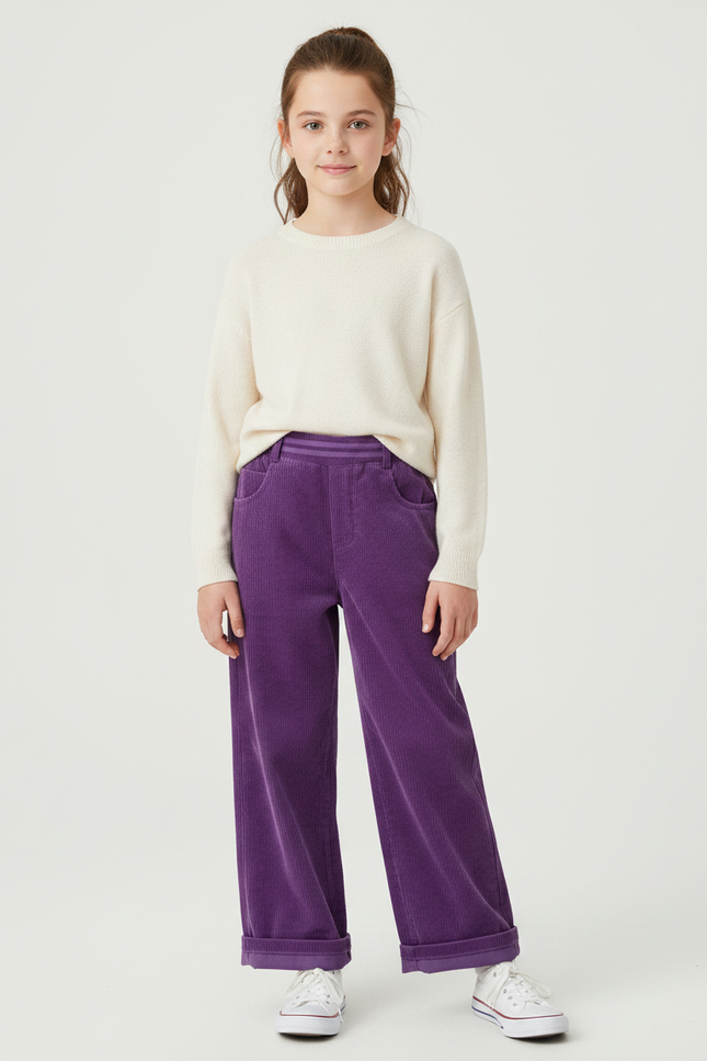 Pantalon Velours Violet Côtelé Ample Décontracté Fille - Cordé