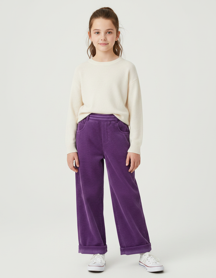Pantalon Velours Violet Côtelé Ample Décontracté Fille - Cordé