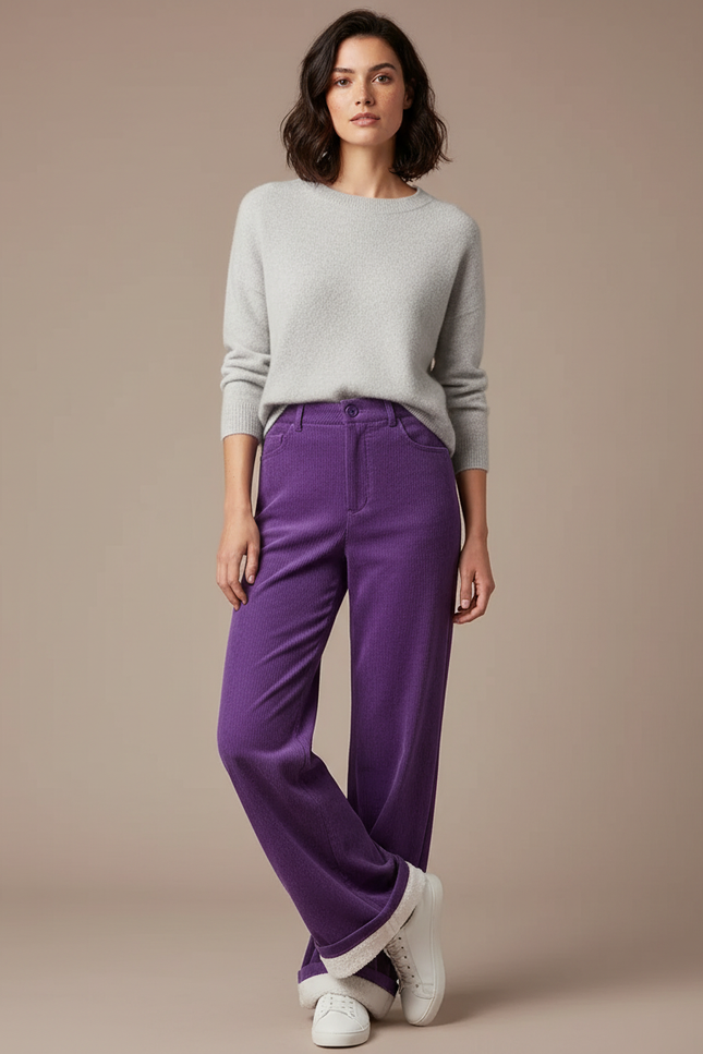 Pantalon Velours Côtelé Violet Large Confortable Femme - Cordé