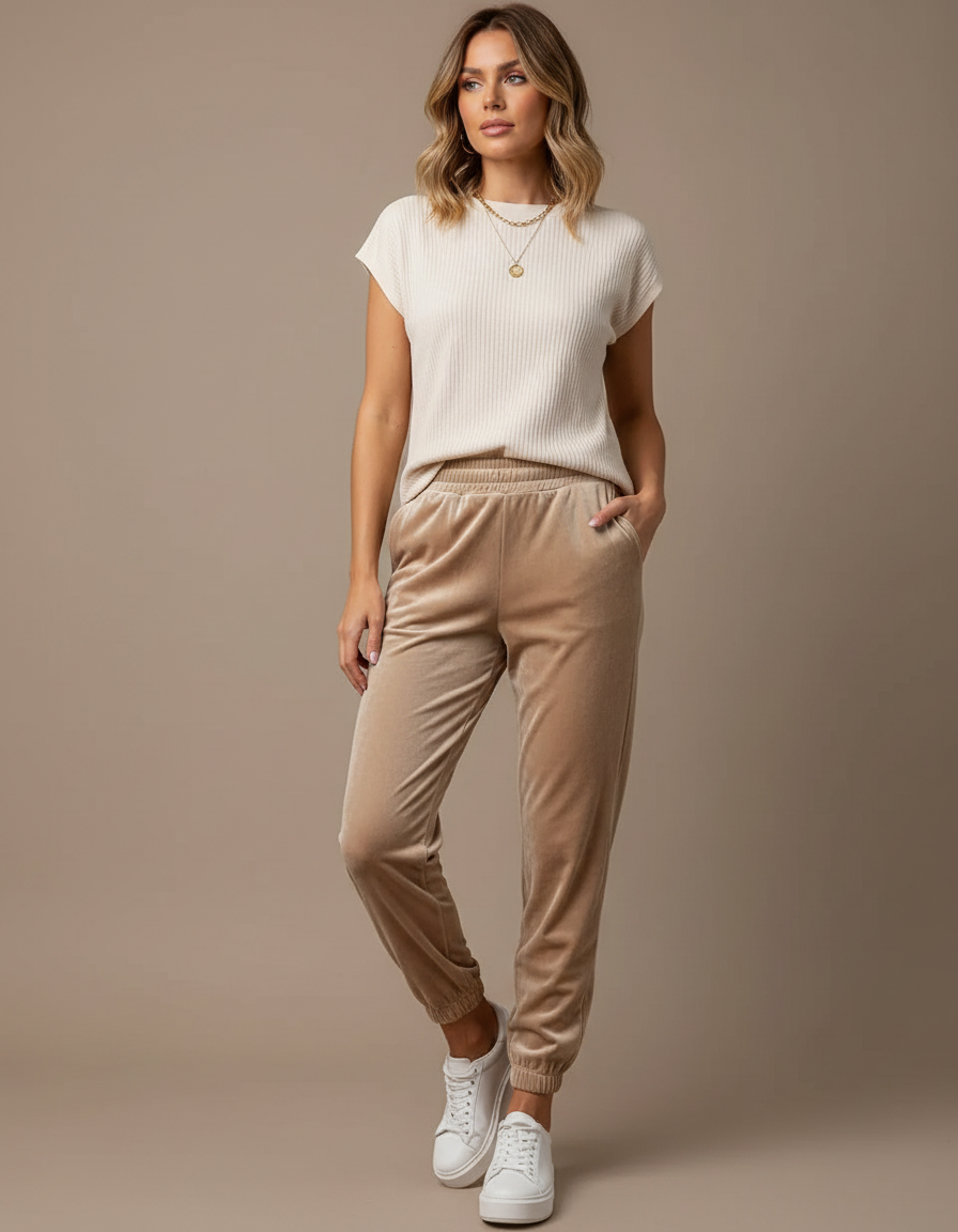 Pantalon Velours Beige Jogger Doux Confortable Femme