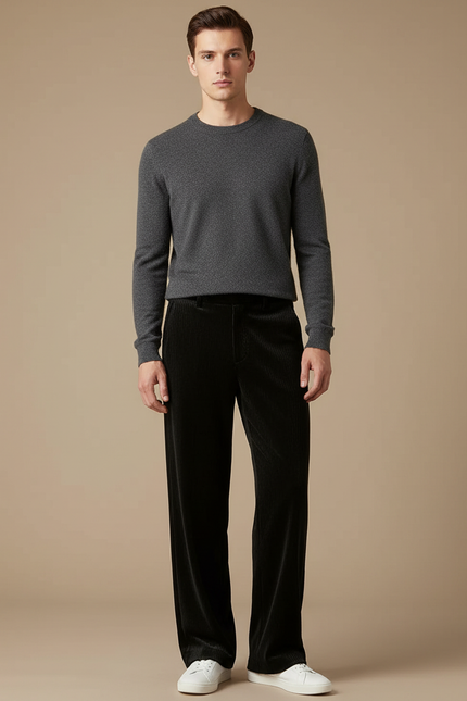 Pantalon Velours Noir Côtelé Ample Homme Décontracté