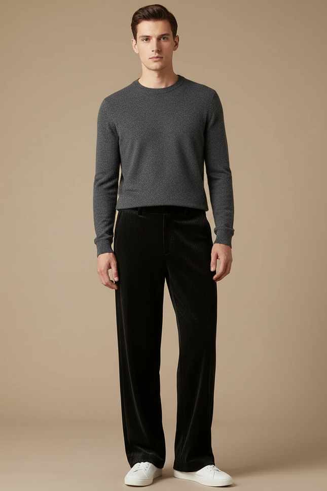 Pantalon Velours Noir Côtelé Ample Homme Décontracté