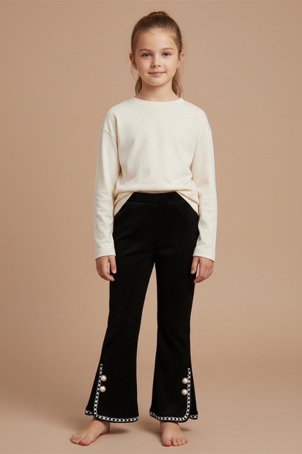 Pantalon Velours Noir Côtelé Évasé Perles Fille - Cordé