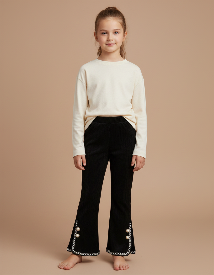 Pantalon Velours Noir Côtelé Évasé Perles Fille - Cordé