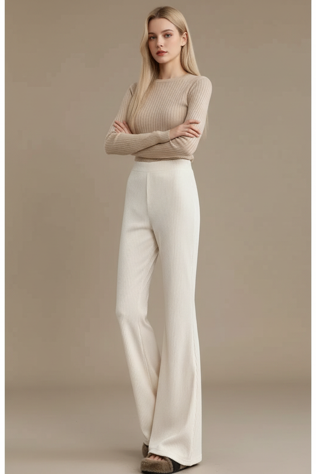 Pantalon Velours Écru Côtelé Évasé Confortable Femme - Beige