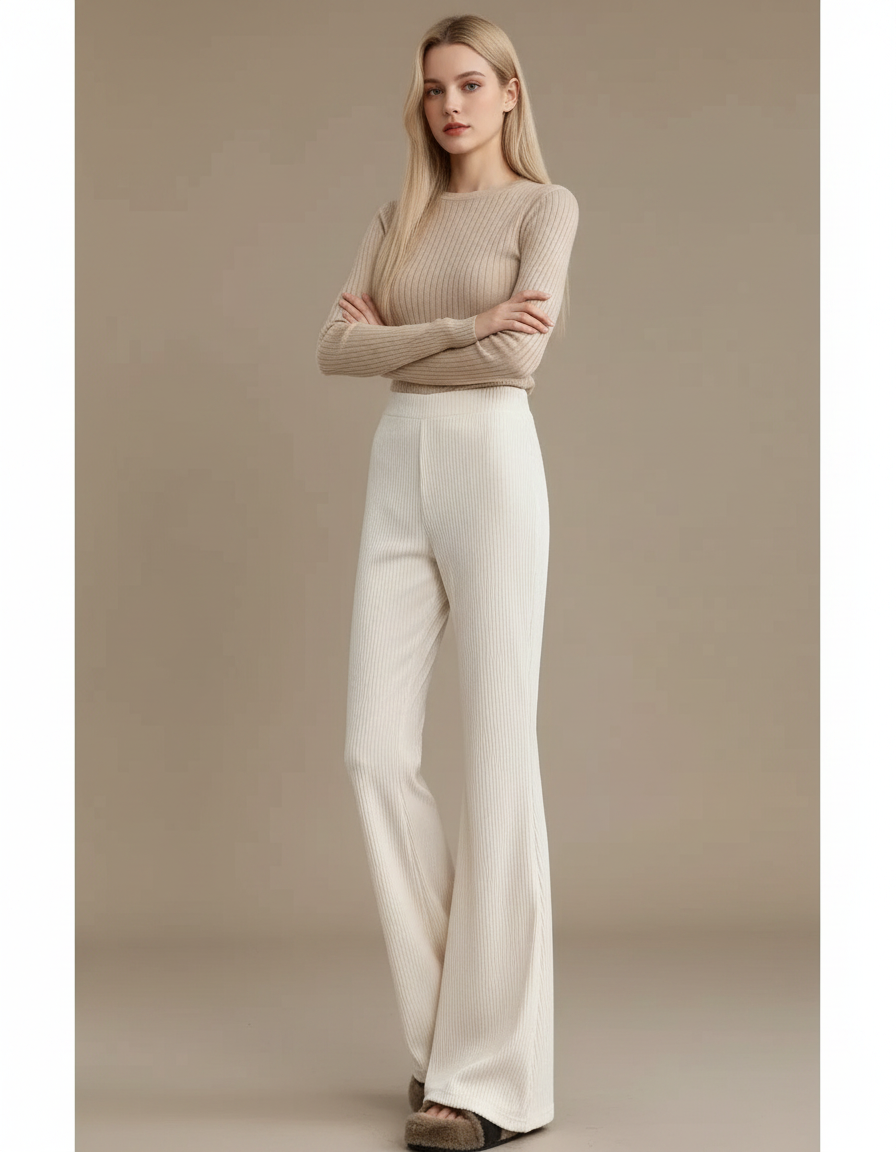 Pantalon Velours Écru Côtelé Évasé Confortable Femme - Beige