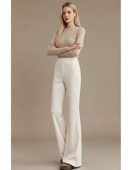 Pantalon Velours Écru Côtelé Évasé Confortable Femme - Beige