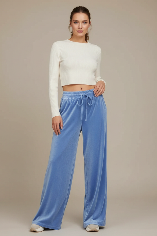 Pantalon Velours Bleu Ciel Fluide Décontracté Femme