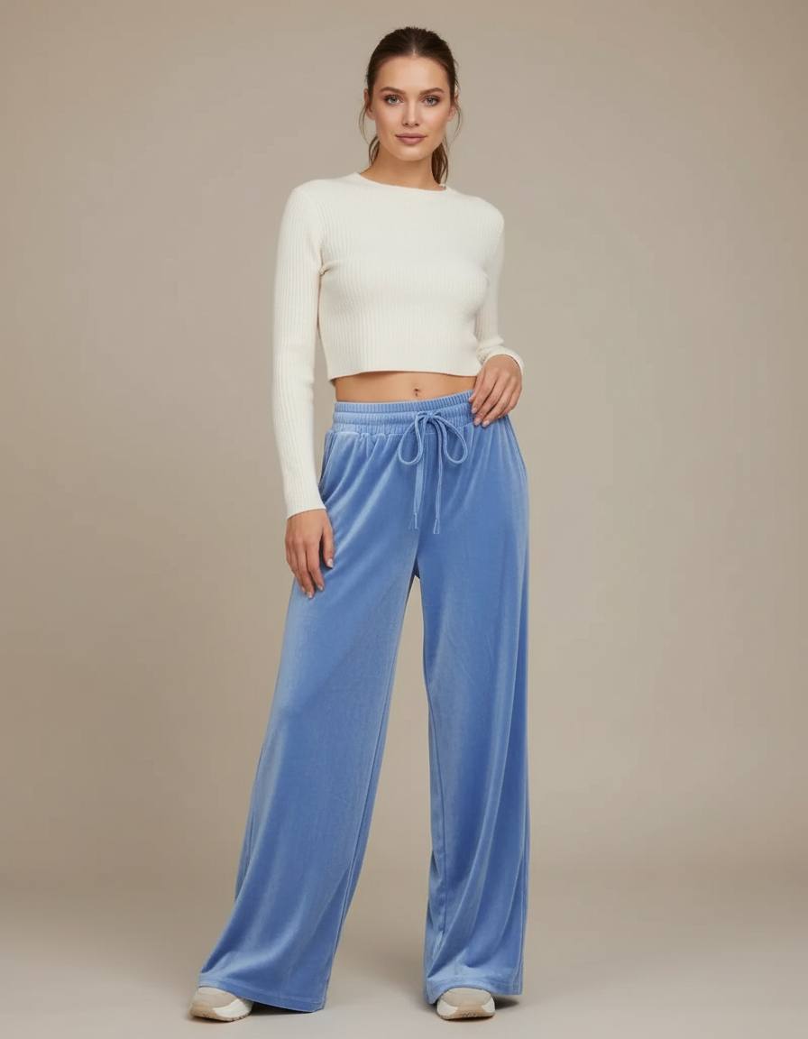 Pantalon Velours Bleu Ciel Fluide Décontracté Femme