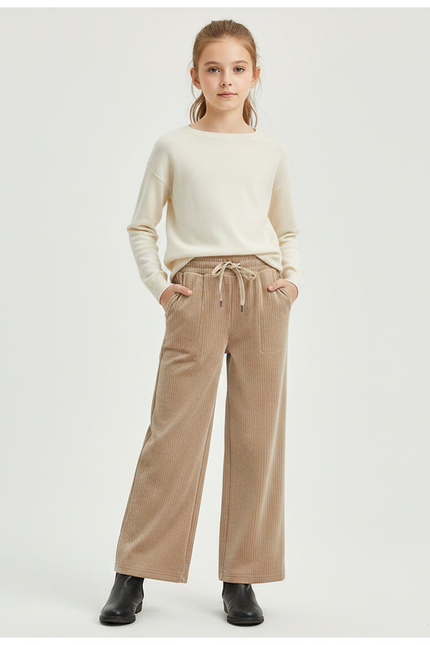 Pantalon Velours Beige Côtelé Large Décontracté Fille - Cordé