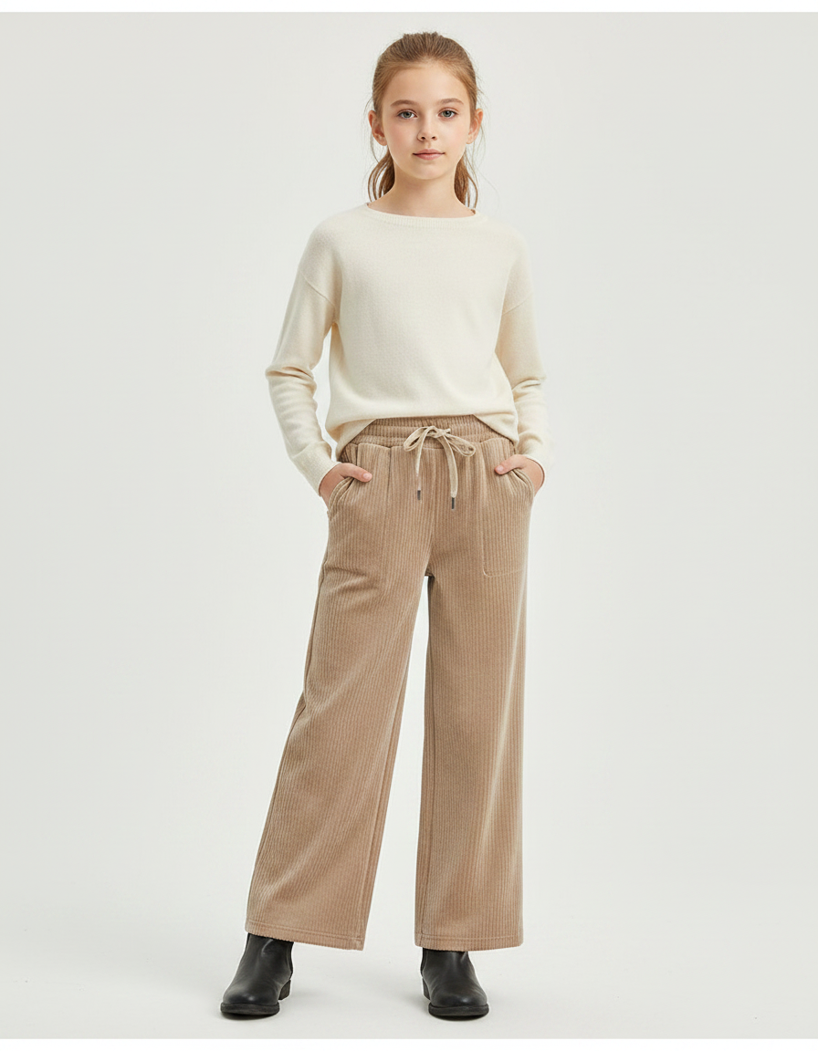 Pantalon Velours Beige Côtelé Large Décontracté Fille - Cordé