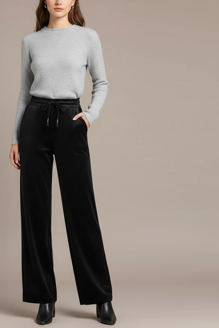 Pantalon Velours Noir Fluide Élégant Femme Ample