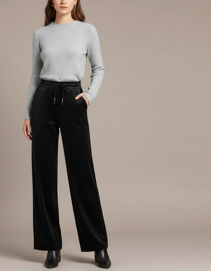 Pantalon Velours Noir Fluide Élégant Femme Ample