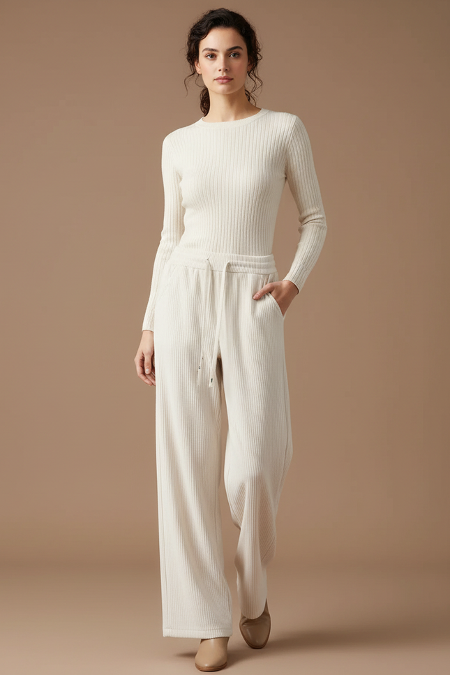 Pantalon Velours Crème Côtelé Ample Décontracté Fluide - Beige Maille