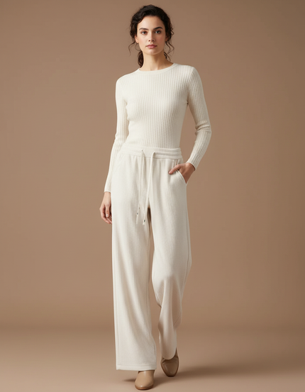 Pantalon Velours Crème Côtelé Ample Décontracté Fluide - Beige Maille