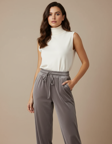 Pantalon Velours Gris Cordon Fluide Décontracté Femme
