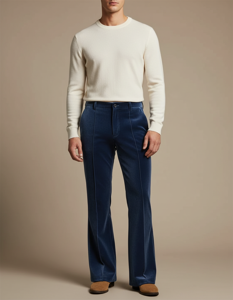 Pantalon Velours Bleu Marine Évasé Homme Élégant