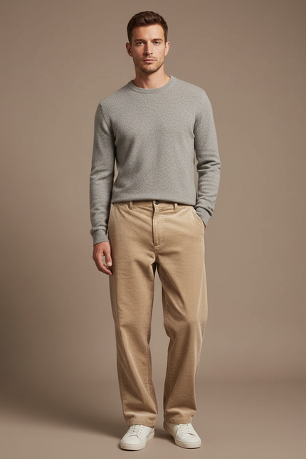 Pantalon Velours Côtelé Homme Ample Décontracté Beige - Cordé