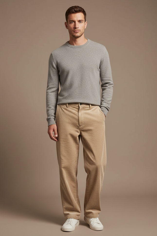 Pantalon Velours Côtelé Homme Ample Décontracté Beige - Cordé