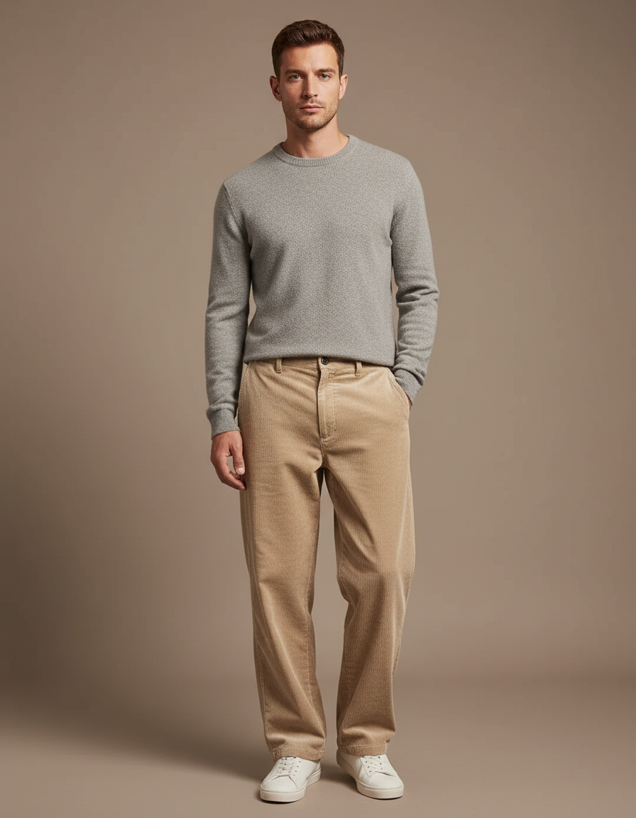 Pantalon Velours Côtelé Homme Ample Décontracté Beige - Cordé