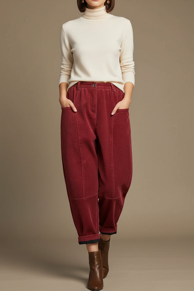 Pantalon Velours Côtelé Rouge Harem Ample Décontracté Femme - Bordeaux Cordé