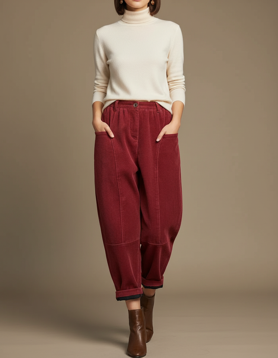 Pantalon Velours Côtelé Rouge Harem Ample Décontracté Femme - Bordeaux Cordé