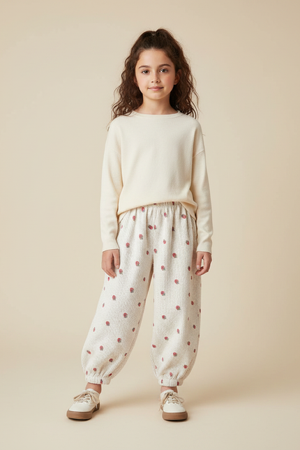 Pantalon Velours Écru Imprimé Fraises Ample Enfant - Beige Cordé