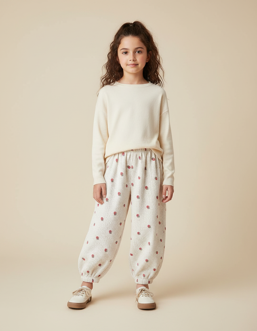 Pantalon Velours Écru Imprimé Fraises Ample Enfant - Beige Cordé