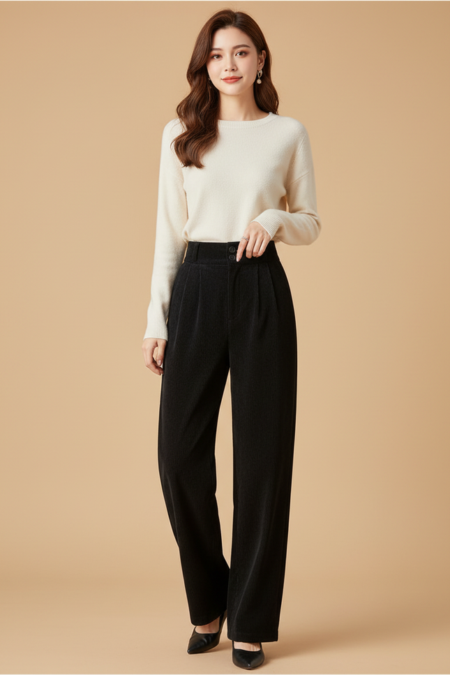 Pantalon Large Femme Velours Cotele - Noir