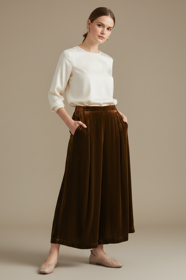 Pantalon Velours Marron Ample Élégant Confortable Femme