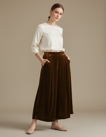 Pantalon Velours Marron Ample Élégant Confortable Femme