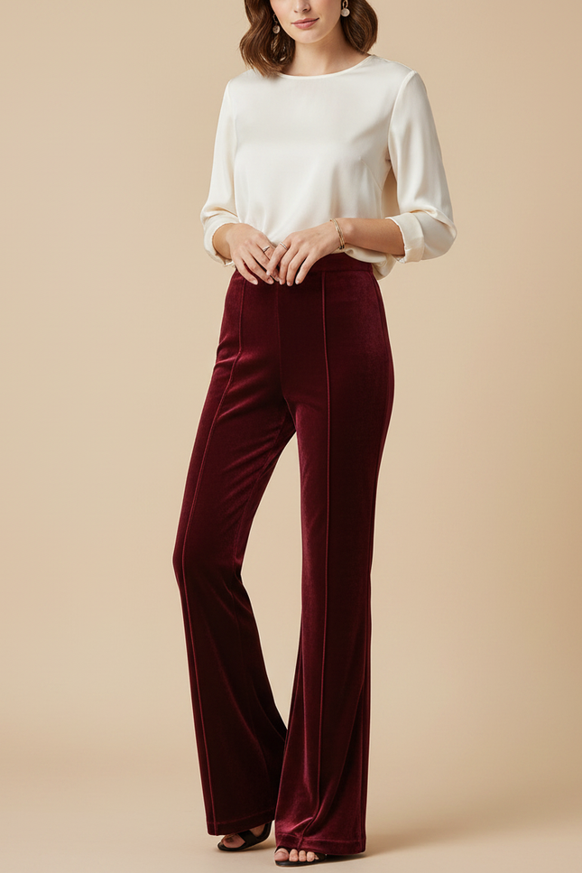 Pantalon Velours Bordeaux Évasé Taille Haute Élégant