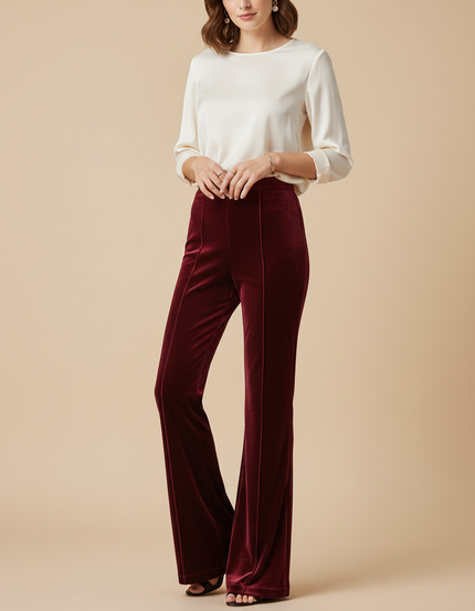 Pantalon Velours Bordeaux Évasé Taille Haute Élégant
