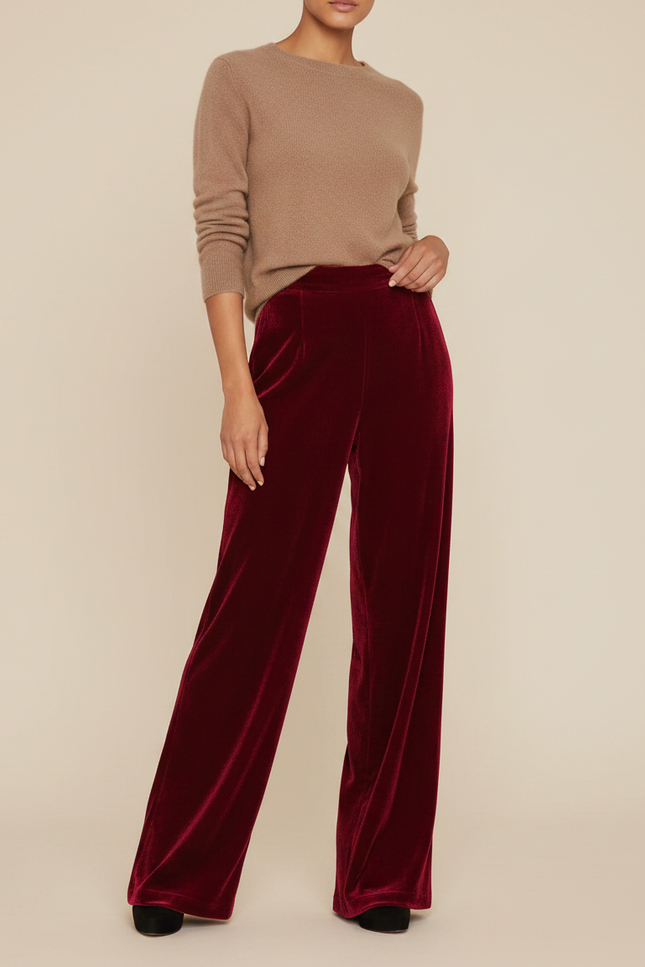 Pantalon Velours Rouge Ample Fluide Élégant Femme - Bordeaux