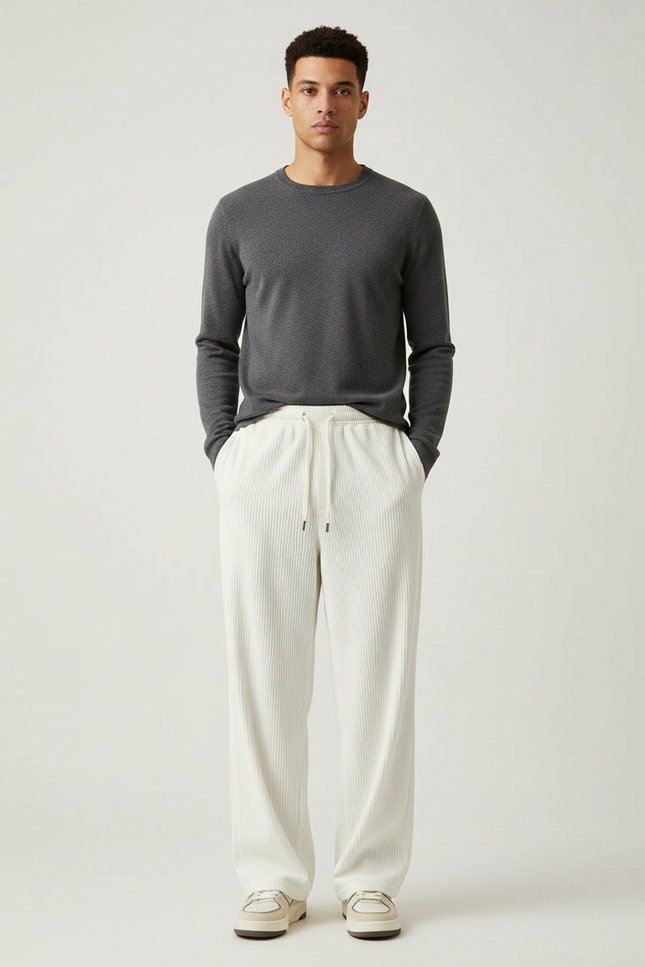 Pantalon Velours Côtelé Blanc Cassé Ample Décontracté Homme - Beige Cordé