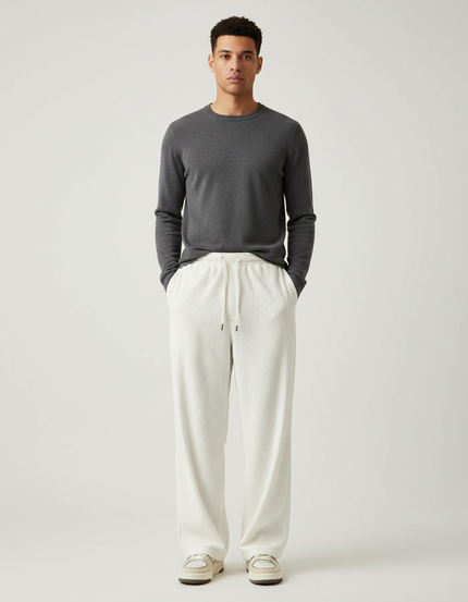 Pantalon Velours Côtelé Blanc Cassé Ample Décontracté Homme - Beige Cordé