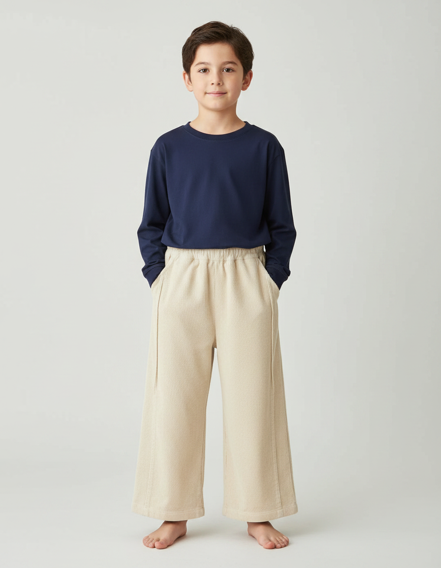 Pantalon Velours Beige Côtelé Ample Enfant Décontracté Hiver - Cordé