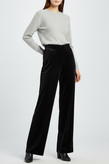 Pantalon Velours Noir Ample Femme Décontracté Élégant