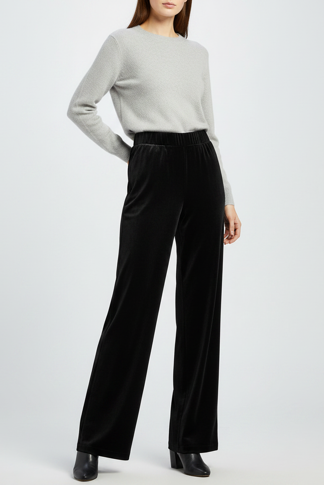 Pantalon Velours Noir Ample Femme Décontracté Élégant