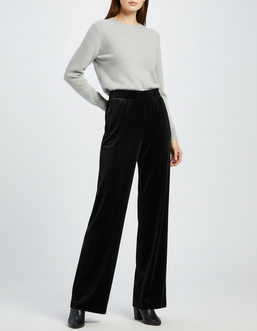 Pantalon Velours Noir Ample Femme Décontracté Élégant