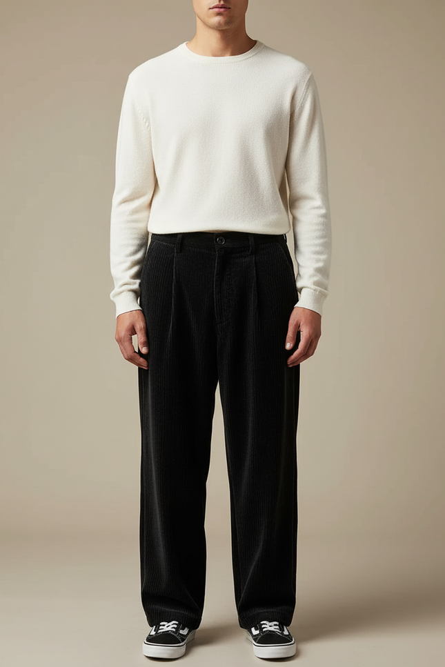 Pantalon Velours Noir Ample Côtelé Décontracté Homme - Cordé